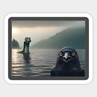 Crow Selfie with Loch Ness Monster Nessie funny photo Sticker